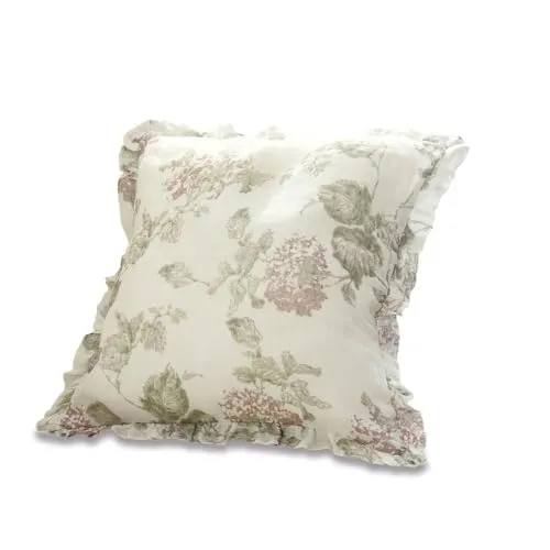 Loberon Kissenhülle Mathea, mit floralem Print, dekorativer Volantabschluss, Romantik-Look, Kissenbezüge, Wohn-Accessoire, Leinen, Baumwolle, weiß/rosa