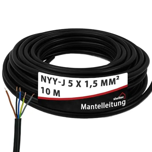 siwitec NYY-Kabel 5 x 1,5 mm² - 10 m Erdkabel für Installation - Hochwertiges siwitec NYY-J 5 x 1,5 mm² Erdkabel, ideal für die Verlegung im Erdreich, Beton oder Wasser. Robuste PVC-Isolierung sorgt für zuverlässige Leistung. Made in Germany!