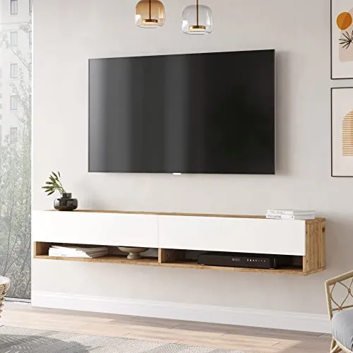 [en.casa] TV Board Laitila - Elegantes Lowboard mit Stauraum - TV-Halterungen: Zeitloses Design in Eiche rustikal/Weiß, mit 2 Ablagen und 2 unabhängig öffnenden Schranktüren für optimalen Stauraum.