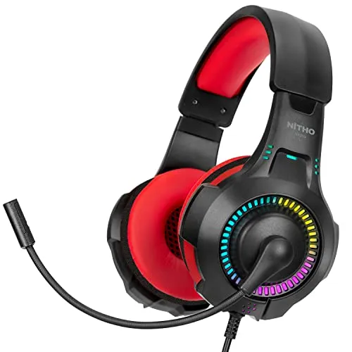 NITHO NX200 Gaming Headset – Over-Ear Stereo Kopfhörer mit hochklappbarem Mikrofon, RGB-Lichteffekt, 3.5-mm-Audio – für PC, PS4, PS5, Xbox, Mobile, Tablet – Rot