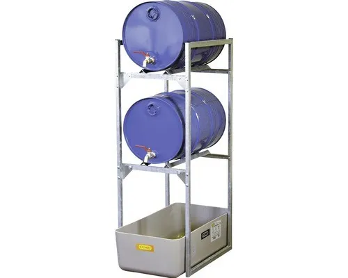Fassregal Cemo 120 Variante 1 mit Fassauflagen - Regalsysteme mit GFK-Auffangwanne, ideal für die sichere Lagerung von Fässern und chemischen Stoffen.
