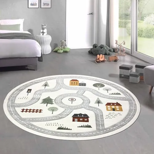 CARPETIA Kinderteppich Teppich Kinderzimmer Straßenmotiv Stadtplan Straßenteppich rund weich robust pflegeleicht Spielteppich für Spielzimmer Kita Creme Pastell 200 cm Rund