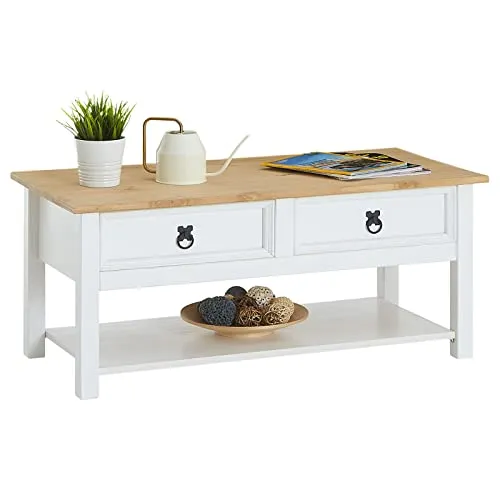 IDIMEX Couchtisch TEQUILA – Stilvoller Wohnzimmertisch mit 2 Schubladen - Couchtisch im Mexiko Stil aus massivem Kiefernholz, bietet Platz für Fernbedienungen und Deko mit 2 praktischen Schubladen.