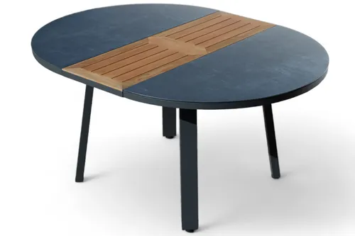 Gartentisch Aluminium Glas Teak 120 auf 160 cm ausziehbar Durchmesser 120cm