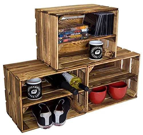 Holzkiste Bella geflammt 40 x 30 x 25 cm - Robuste Aufbewahrungslösung - Aufbewahrungsbehälter ohne Deckel, sehr stabile geflammte Holzkiste mit optionalem Brett, ideal für Wein, Bücher oder Spielzeug, im praktischen 3er Set erhältlich.