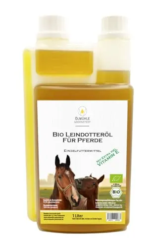 Leindotteröl für Pferde 1 Liter Dosierflasche, stets frisch aus 1. Kaltpressung, naturbelassen, mit Öko-Strom in Niedersachsen hergestellt, reich an Vitamin E, ideal für den Fellwechsel