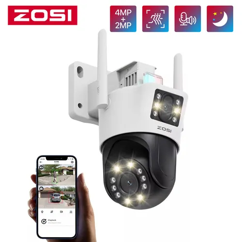 ZOSI 6MP WIFI Überwachungskamera Außen mit Doppel Linse (4MP+2MP) - Überwachungskamera mit 6MP Auflösung, Dual-Objektiv für verbesserte Sicht und automatische Bewegungsverfolgung, ideal für den Außenbereich.