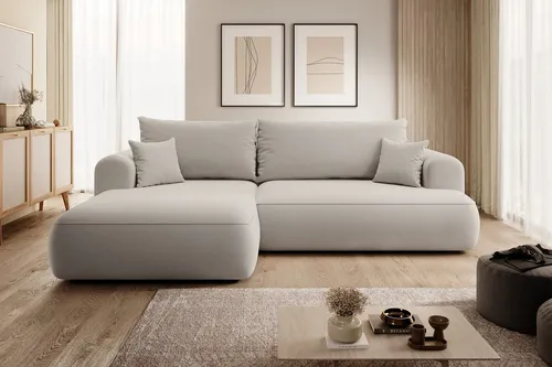 Selsey Ecksofa Ovo, Creme, L-Form mit Ottomane links - Elegantes Ecksofa in L-Form mit Easy-Clean-Veloursbezug, ideal für Wohnzimmer. Verwandelt sich einfach in ein bequemes Doppelbett für Gäste.