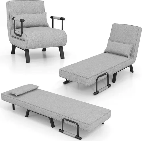 GOPLUS 4 in 1 Schlafsessel mit Bettfunktion, Schlafsofa mit 6-Fach verstellbare Rückenlehne & abnehmbarem Kissen, Relaxsessel Sofabett klappbar für Zuhause, Büro (Hellgrau)