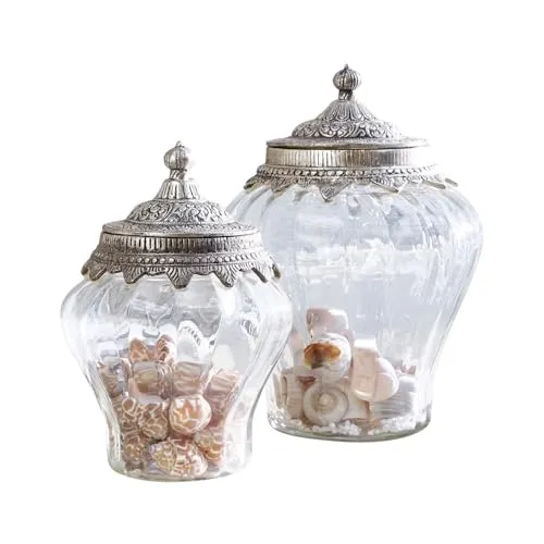 Loberon Glasdosen Set Isaline - 2 mundgeblasene Glasdosen mit kunstvoll verzierten Messingdeckeln, ideal als Deko oder zur Aufbewahrung, bringen orientalischen Flair in Ihr Zuhause.