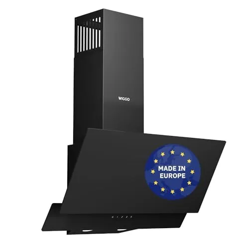 Wiggo A642 Dunstabzugshaube 60cm kopffrei I Abluft Umluft Dunstabzug 626m³/h - Touch-Display 4 Stufen I Energieeffizienzklasse A Schräghaube inkl. 2x Kohlefilter I Abzugshaube Glasfront schwarz