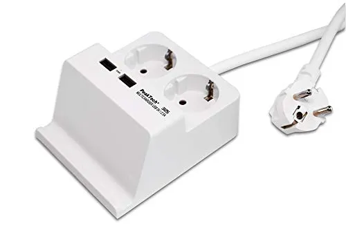 PeakTech P 3125 – Tischsteckdose mit 2 x 230 V Schuko & 2 USB Ladegerät mit 2,5 A, Steckdosenleiste mit Kindersicherung, Inkl. Halterung für Smartphone & Tablet, Rutschfest, 100x60x120 mm - 400g, Weiß