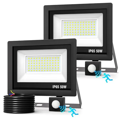 Realky 50W Led Strahler Außen mit Bewegungsmelder, 5000LM Ultrahelle Led 6500K Kaltweißs Fluter Licht IP65 Wasserdicht Lampe Aussen mit Bewegungsmelder für Terrasse Wand Garage Vorhof - 2 Stücke