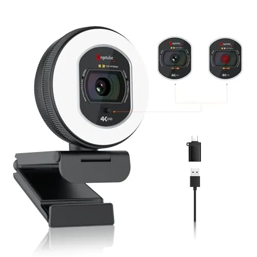 Angetube Webcam 4K mit Licht –PC-Kamera mit 2 Mikrofon und TOF-Autofoku
