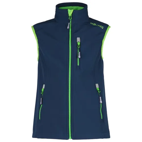 Trollkids Kinder Trollfjord Softshellweste - 104 - navy/light green - Funktionsjacken mit wasserabweisender, winddichter Außenjacke und warmem Fleecefutter. Praktische Taschen für alles Wichtige!