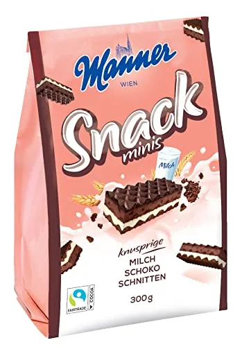 Manner Snack Mini Milch-Schokolade | Knusprige Waffeln für den süßen Genuss - Genießen Sie knusprige Waffeln in zarter Milch-Schokolade – der perfekte Snack für unterwegs oder zu Hause. Der wiederverschließbare 300g Beutel sorgt für Frische und ist ideal für jeden Heißhunger.