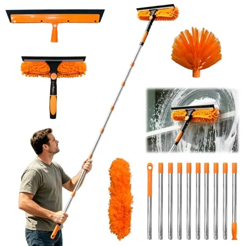 Fensterreiniger Set mit Teleskopstiel, Staubwedel Teleskop Stange 4.3M, Profi Spinnwebenbesen, Staubwischer und 2 in1 Fensterwischer für Bad, Dusche, Fenster, Glas, Spiegel, Auto