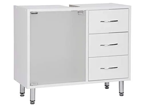 Waschbeckenunterschrank Lancaster I in Weiß - Unterschrank fürs Bad mit 1 Tür und 3 Schubkästen für viel Stauraum. Gefertigt aus leichtem, stabilen Material mit eleganter Milchglastür und verchromten Details - ideal für ein modernes Badezimmer.