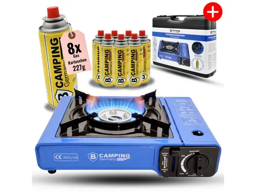 bahama Gaskocher inkl. 227g Gaskartuschen mobiler Kocher für Campingkocher Outdoor, (8-St), Kartuschenkocher mit 8x Gaskartuschem 1-flammig + Trage-Koffer Gasherd