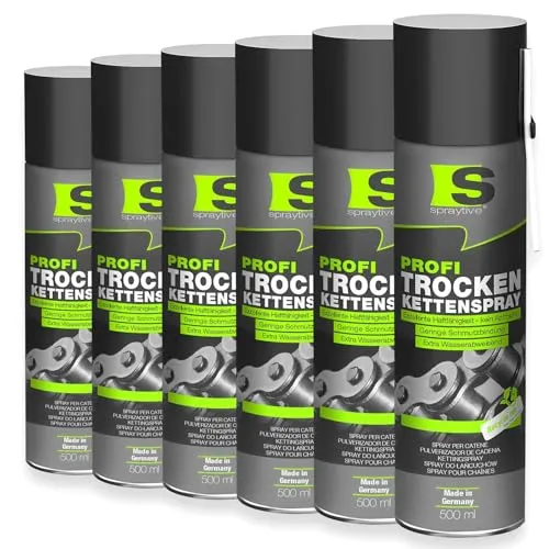 Spraytive 6 x 500ml Profi Trockenkettenspray – Hochleistungs-Kettenspray mit PTFE - Vielseitiges Trockenkettenspray für Fahrrad, Motorrad und Maschinen. Der wachsartige Schutzfilm bietet hervorragenden Allwetterschutz und verhindert Abschleudern. Made in Germany – für langanhaltende Leistung und zuverlässige Schmierung.