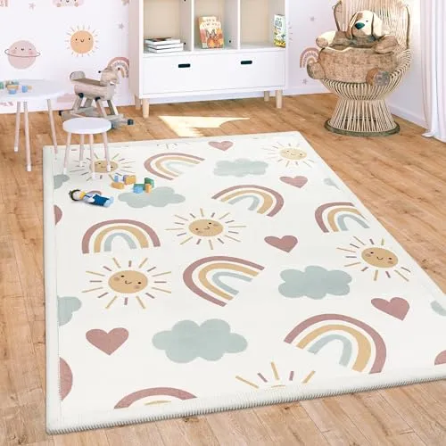 Paco Home Teppich Kinderzimmer - Waschbare Krabbelmatte in Regenbogen-Design - Teppich fürs Kinderzimmer, 80x150 cm, rutschfest und schadstoffgeprüft, ideal für eine sichere und gemütliche Spielumgebung.