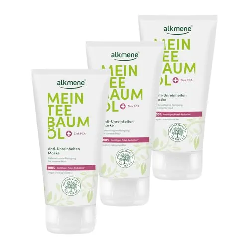 alkmene Teebaumöl Maske - 3x75 ml gegen Pickel & Mitesser - Effektive Gesichtsmaske für Männer & Frauen zur Reinigung unreiner Haut. Mit Teebaumöl und Zink PCA für ein verfeinertes Hautbild. Vegan, mikroplastikfrei und dermatologisch getestet.