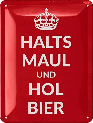 LANOLU Retro Blechschild - HALTS MAUL UND HOL BIER - lustiges Sprüche Metallschild für Bierliebhaber - Bar Deko, Partykeller Dekoration, Werkstattschild aus Metall 15x20 cm
