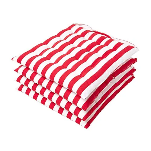 Homescapes Stuhlkissen 4er-Set - Rote Sitzkissen mit breiten Streifen aus 100% Baumwolle - Stuhlkissen 4er-Set mit hohem Sitzkomfort, pflegeleicht und waschbar. Ideal für Garten und Terrasse, mit Bändern zur sicheren Befestigung.