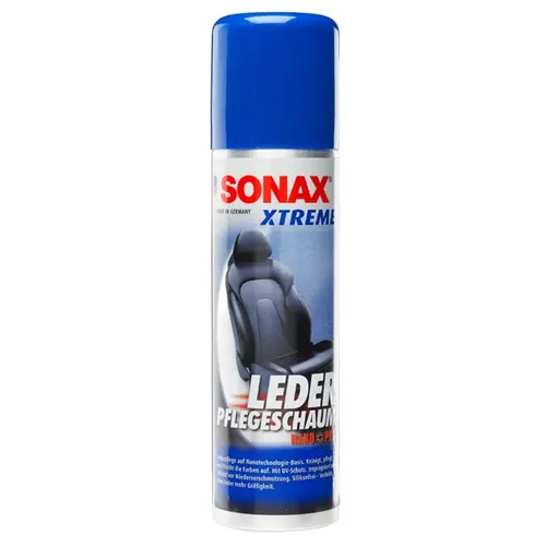 SONAX XTREME Leder Pflege Schaum Nano Pro, 250 ml - Autopflege & Motorradpflege - Silikonfreier Reinigungsschaum mit Nanotechnologie für Glattleder, entfernt Schmutz und gibt Geschmeidigkeit zurück, ideal für Sitzheizungen und perforierte Oberflächen.