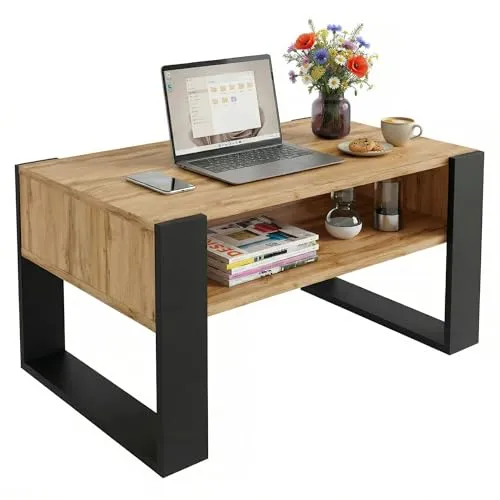 möbelkap Couchtisch 92×53.6 cm – Moderner Kaffeetisch mit Ablagefläche in Eiche Wotan/Schwarz