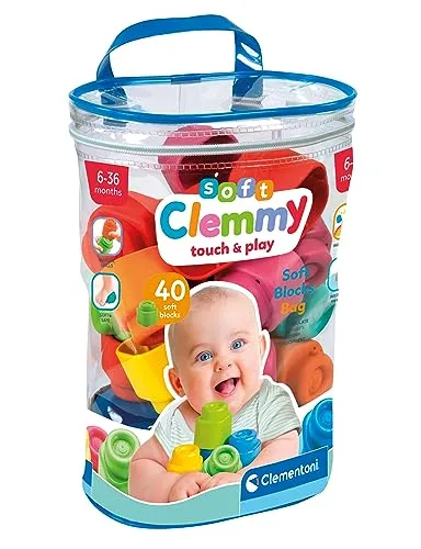 Clementoni® Clemmy Bausteine im Beutel (40 Stück) - Spielbausteine für Kinder ab 6 Monaten, 40 bunte, weiche Bausteine im praktischen Beutel, ideal für kreatives Spielen und sichere Handhabung, Made in Europe.