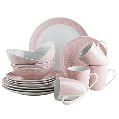 MÄSER Kitchen Time II Geschirr-Set für 4 Personen - 16-tlg Kombiservice in Rosa aus hochwertigem Porzellan, spülmaschinenfest und mikrowellengeeignet – ideal für den täglichen Einsatz und besondere Anlässe.