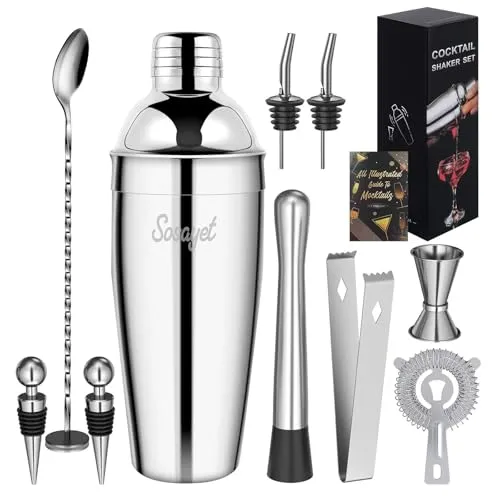 Sosayet Cocktail Shaker Set, 10-teiliges Edelstahl Cocktail Set mit Zubehör & Rezeptkarten, 750 mL Barkeeper Set für Anfänger & Profis - Geschenk für Männer