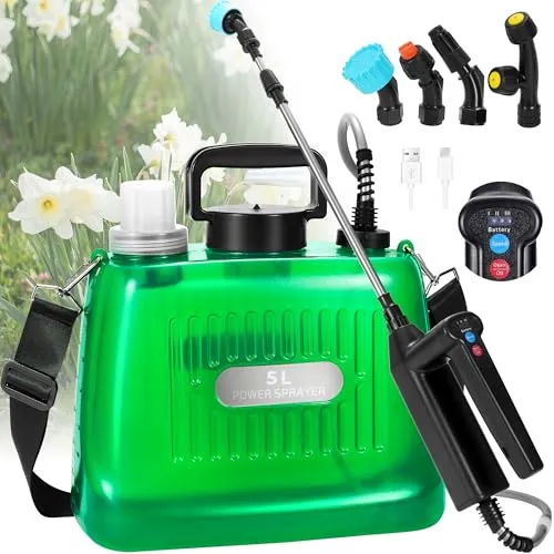 DOUBFIVSY Drucksprüher Akku 5L, Elektrischer Pflanzensprüher mit 4 Nebeldüsen, Wiederaufladbarem Teleskopstab mit 3 Gang Einstellung, LED Anzeigetafel, Gartenspritze Sprühgerät Pflanzensprüher (5L)