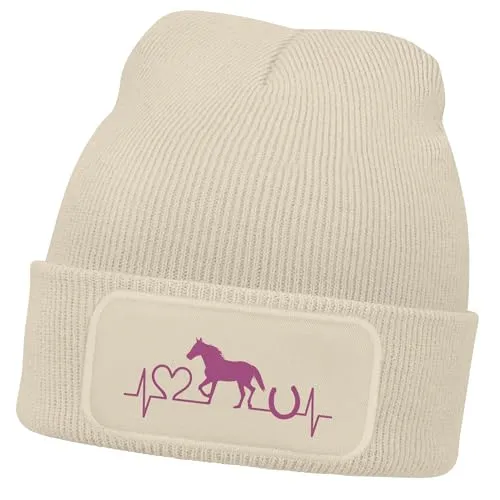 MoonWorks® Wintermütze Kinder Beanie für Mädchen Reiten Herzschlag Pferd mit Patch Aufdruck Print Strickmütze Beige Unisize