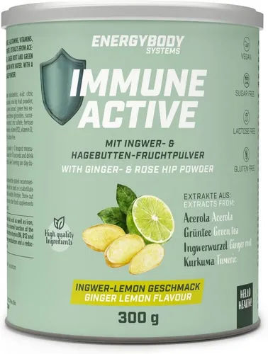 Energybody Immune Active Vitamin Drink mit Superfoods, 300 g, vegan - Leckeres Pulver zum Anrühren mit Ingwer-Lemon-Geschmack. Ideal zur Unterstützung der täglichen Ernährung und einfach in der Anwendung. Zuckerfrei, laktosefrei und glutenfrei.