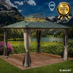 Alu Pavillon PAGODE 3,5x3,5m mit Moskitonetz & LED-Beleuchtung - Stabiler Pavillon aus pulverbeschichtetem Aluminium, mit wasserdichtem Hardtop-Dach und integriertem Moskitonetz. Ideal für Gartenfeiern und entspannte Abende dank stimmungsvoller LED-Beleuchtung.