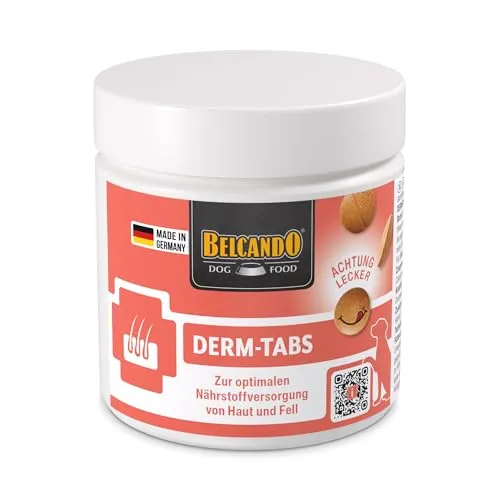 BELCANDO DERM-Tabs für Hunde 110g – Felltabletten mit Biotin & Zink + DHA Omega-3 aus Algen – Unterstützung für Haut, Fellglanz, Fellwechsel, Pfotenballen & Krallen – Made in Germany