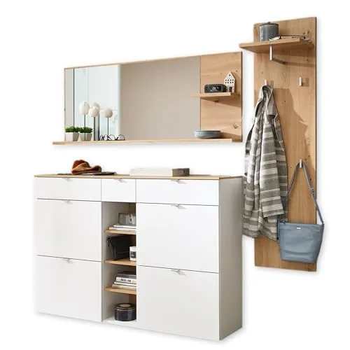 Stella Trading BARI Flurgarderoben Set in Weiß - Drohnen - Modernes 3-teiliges Garderobenset mit elegantem Design und viel Stauraum für Jacken und Schuhe, FSC-zertifiziert und leicht montierbar.