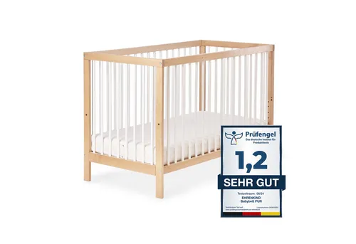 Ehrenkind® Babybett PUR 120x60 aus Buchenholz - Hochwertiges Babybett aus Buchenholz, 9-fach höhenverstellbar und mit entnehmbaren Stangen. Ideal für sicheren und ruhigen Schlaf in jedem Kinderzimmer.