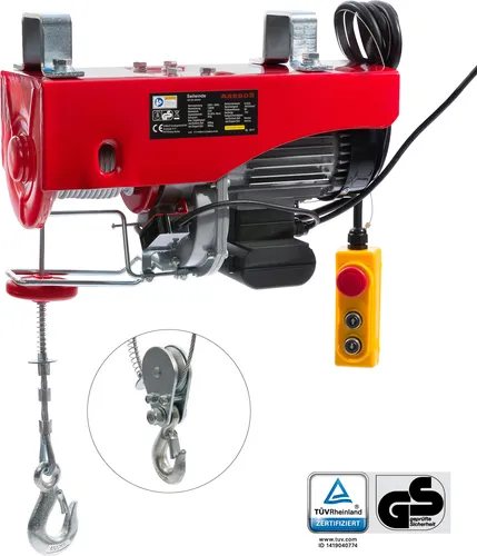 Arebos Seilwinde AR-HE-SW500 - 1000 kg Traglast, 12m Hubhöhe - Elektrische Hebezeuge mit 1300 W Kupfermotor für sicheres Heben bis 1000 kg. Ideal für Werkstatt, Garten und Lagerhallen. Einhand-Bedienelement mit Notausschalter für maximale Sicherheit.