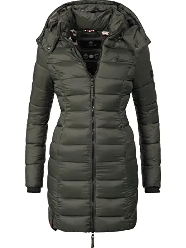 MARIKOO Damen Langer Wintermantel - Warmer Steppmantel mit Abnehmbarer Kapuze - Funktionsjacken: Leichter, wasserabweisender Steppmantel mit tailliertem Schnitt und abnehmbarer Kapuze – ideal für kalte Tage und vielseitig kombinierbar.
