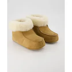 Fellhof Hüttenpatschen Kids Hausschuh - Leder braun/rot 34 EU - Hausschuhe aus hochwertigem Veloursleder mit warmem Lammfellfutter, ideal für kalte Tage und gemütliche Stunden zu Hause.