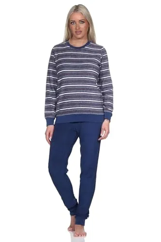 Normann Wunderschöner Damen Frottee Schlafanzug Langarm Pyjama mit Bündchen –- auch in Übergrössen, Farbe:navy1, Größe:52-54