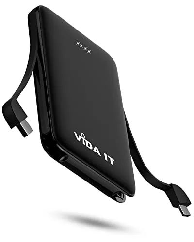 Vida IT Mini Powerbank Externe Batterie Ladegerät für Samsung Galaxy S21 S20 S10 A71 S9 Android Handy Akku mit Integriertem Kabel USB-C, 5000mAh Tragbares Akkupack, Typ-C Battery Pack Charger