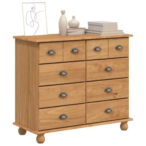 vidaXL Kommode 'ASKIM' - Honigbraun, 91x40x79 cm - Kommode aus massivem Kiefernholz, bietet mit 9 geräumigen Schubladen viel Stauraum für Kleidung und Accessoires. Modernes Design mit honigbraunem Finish, ideal für Schlafzimmer und Wohnzimmer.
