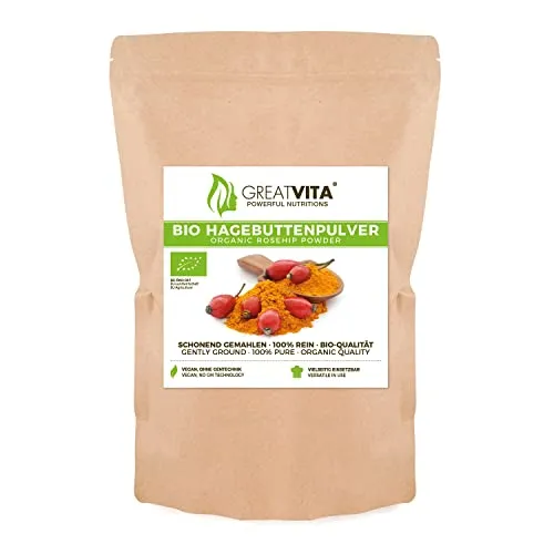 Bio Hagebuttenpulver 400g | ganze Hagebutte gemahlen | 100% naturreines Hagebutten Pulver aus kontrolliert biologischem Anbau | GreatVita®