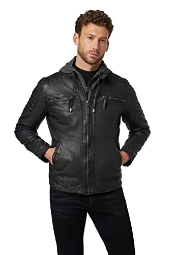 RICANO 12815 Hood, Herren Lederjacke mit abtrennbarer Kapuze, aus echtem Lamm Nappa Leder (Glattleder) in schwarz oder kupfer braun (Schwarz, L)