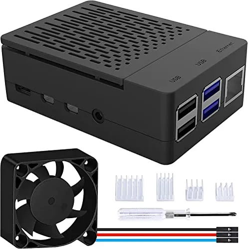 GeeekPi ABS Gehäuse für Raspberry Pi 4, mit PWM Lüfter 40X40X10mm und 4 Stück Aluminum Kühlkörper für Raspberry Pi 4 Model B 8GB/4GB/2GB (Schwarz)