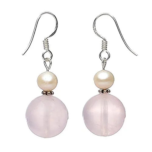 Ohrringe Ohrhänger aus Rosenquarz & Süßwasser-Perlen & 925 Silber Ohrschmuck